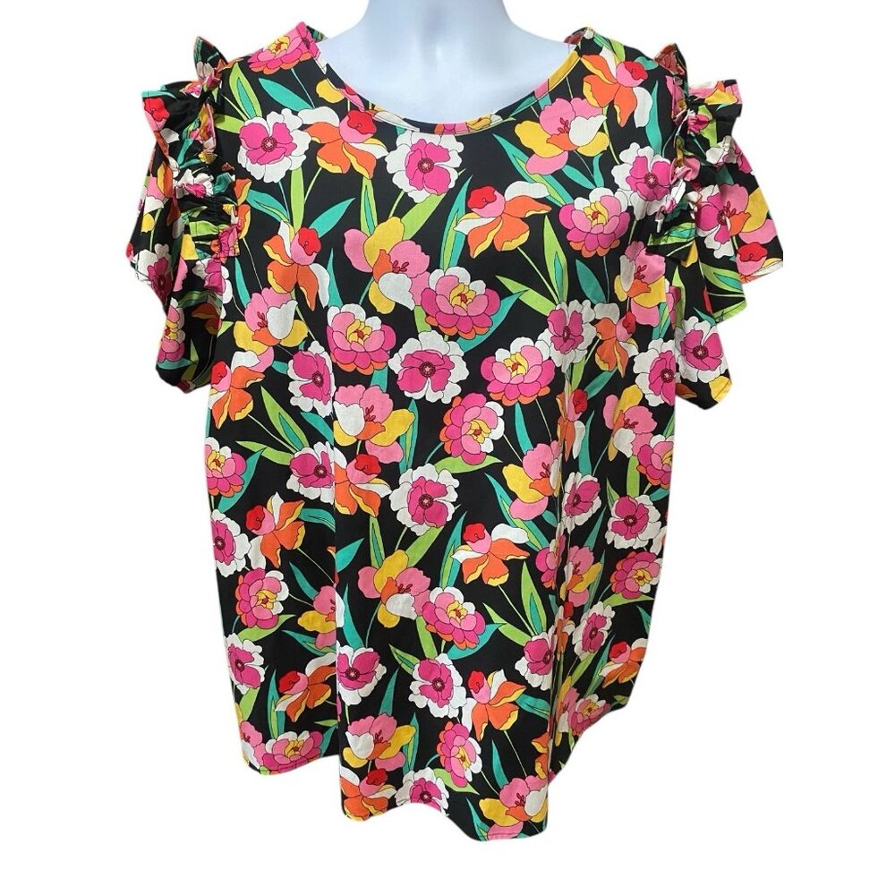 Lilypad 3X Women’s Top Short Sleeve‎ Ruffle Black Pink Floral Round Neck Cotton